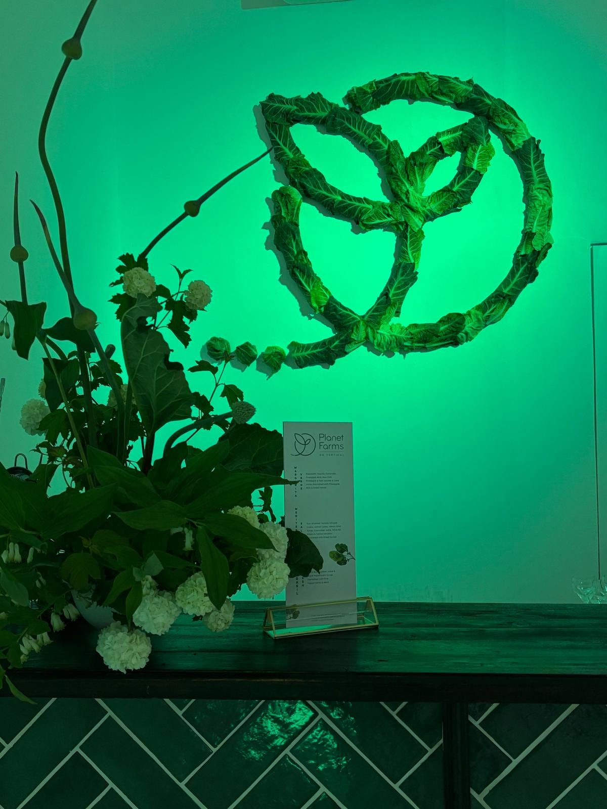 The finished logo, lit green on the wall of an event
