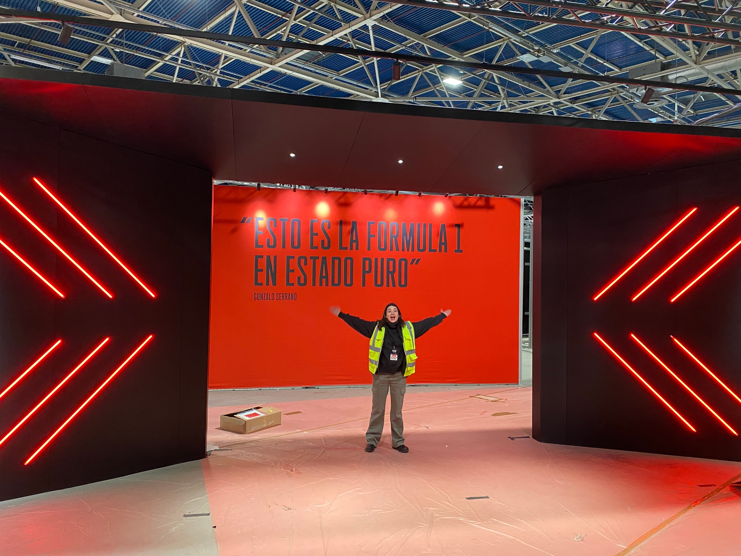 The red chevron entrance tunnel of the Formula 1 Exhibition, mid build