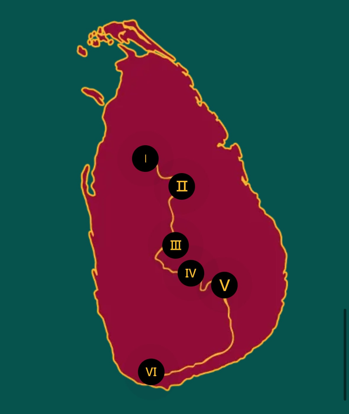 A map of Sri Lanka marked with the six legs of the race route
